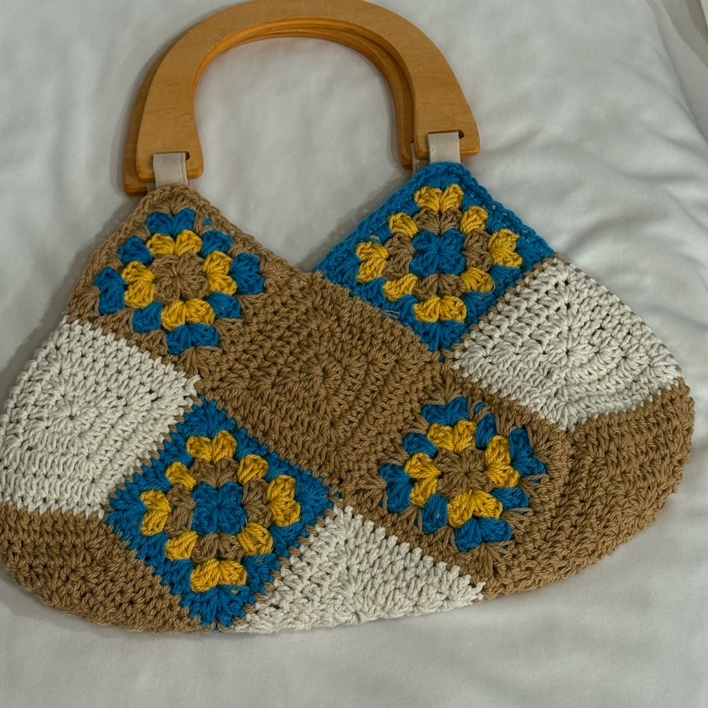 Handcrafted Crochet Bag with Wooden Handle